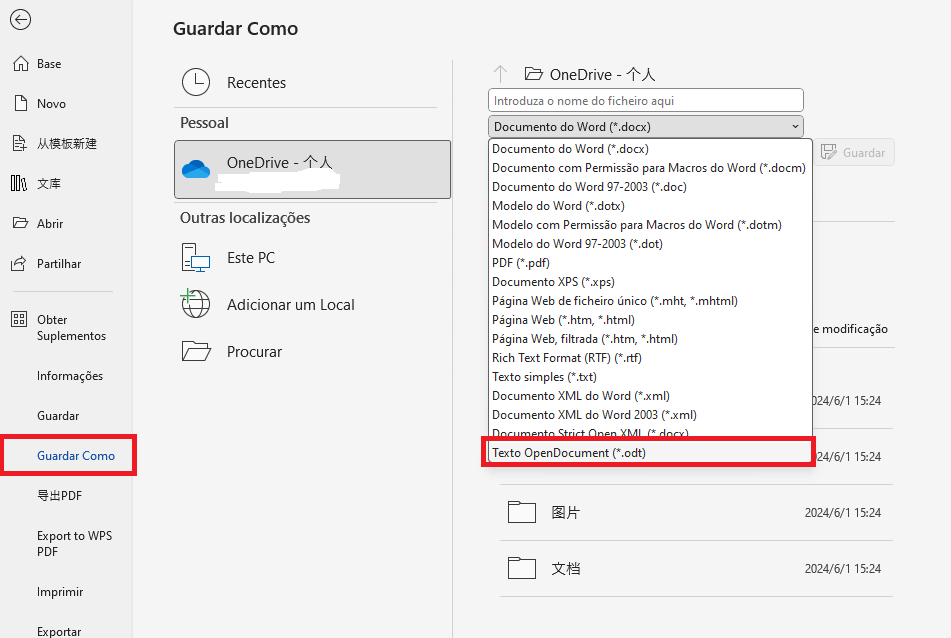 Instruções para salvar um Documento Word no formato OpenDocument