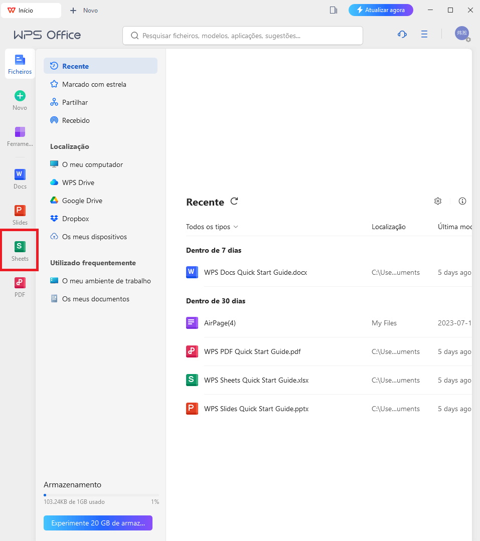 Aplicativo de desktop do WPS Office aberto