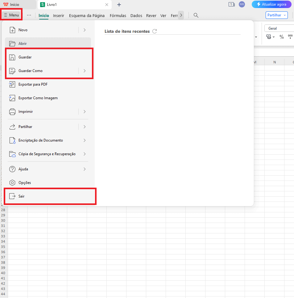 Arquivo do WPS Spreadsheet com indicações sobre onde salvar o arquivo e onde fechá-lo