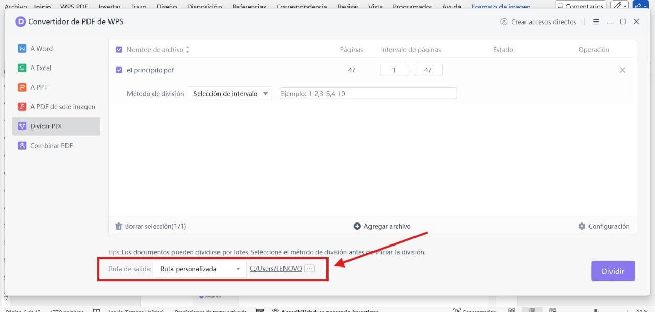 Cambiar la ruta de salida