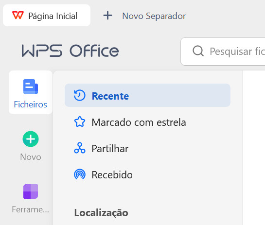 menu inicial lateral do WPS Office
