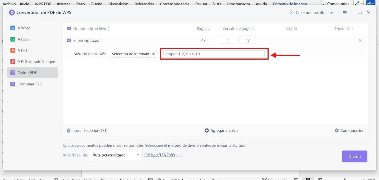 Método de división – Selección de intervalo