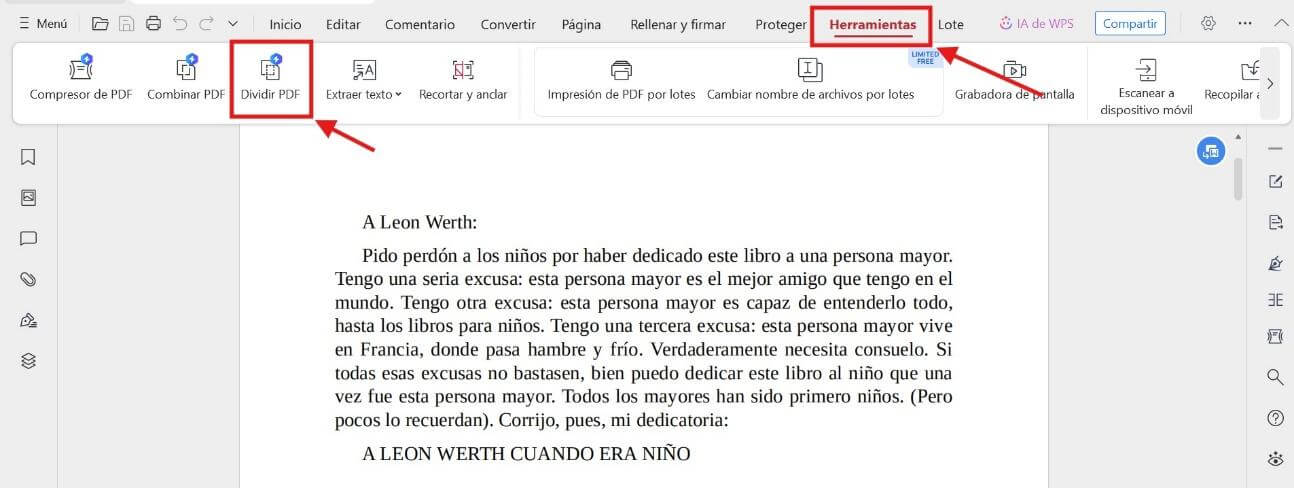 Herramienta para Dividir PDF de WPS
