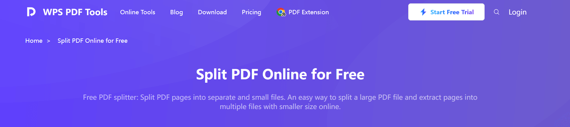 interface da ferramenta de dividir PDF online do WPS