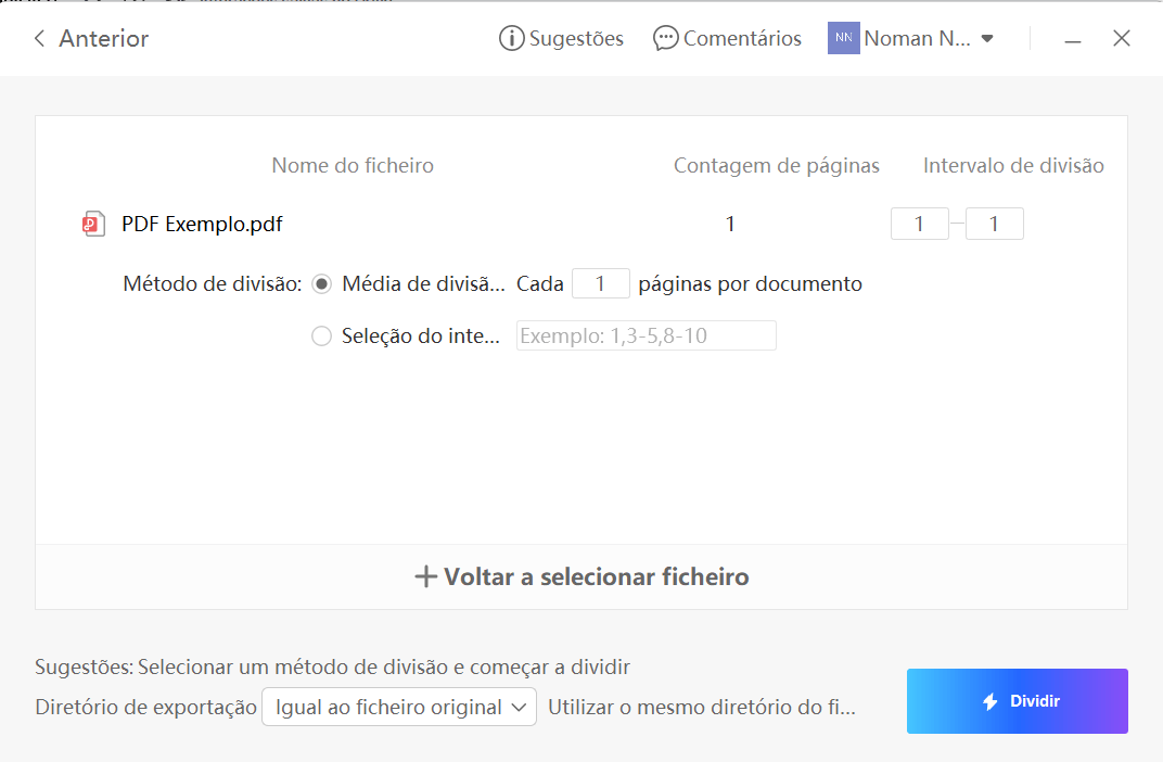 configurações da divisão de PDF no WPS