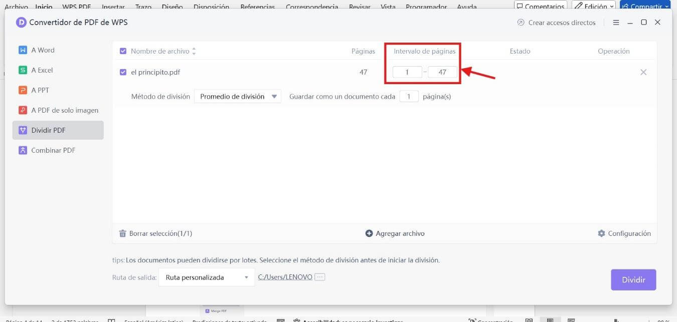 Establecer el intervalo de páginas para dividir un PDF