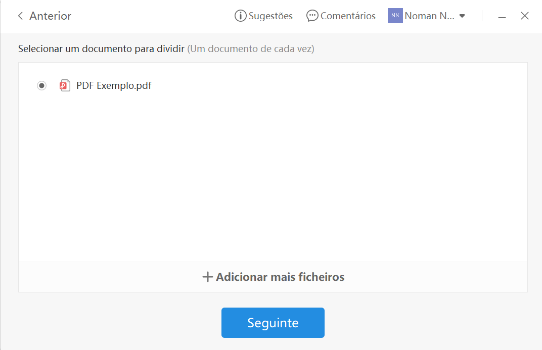 tela de divisão de PDFs do WPS
