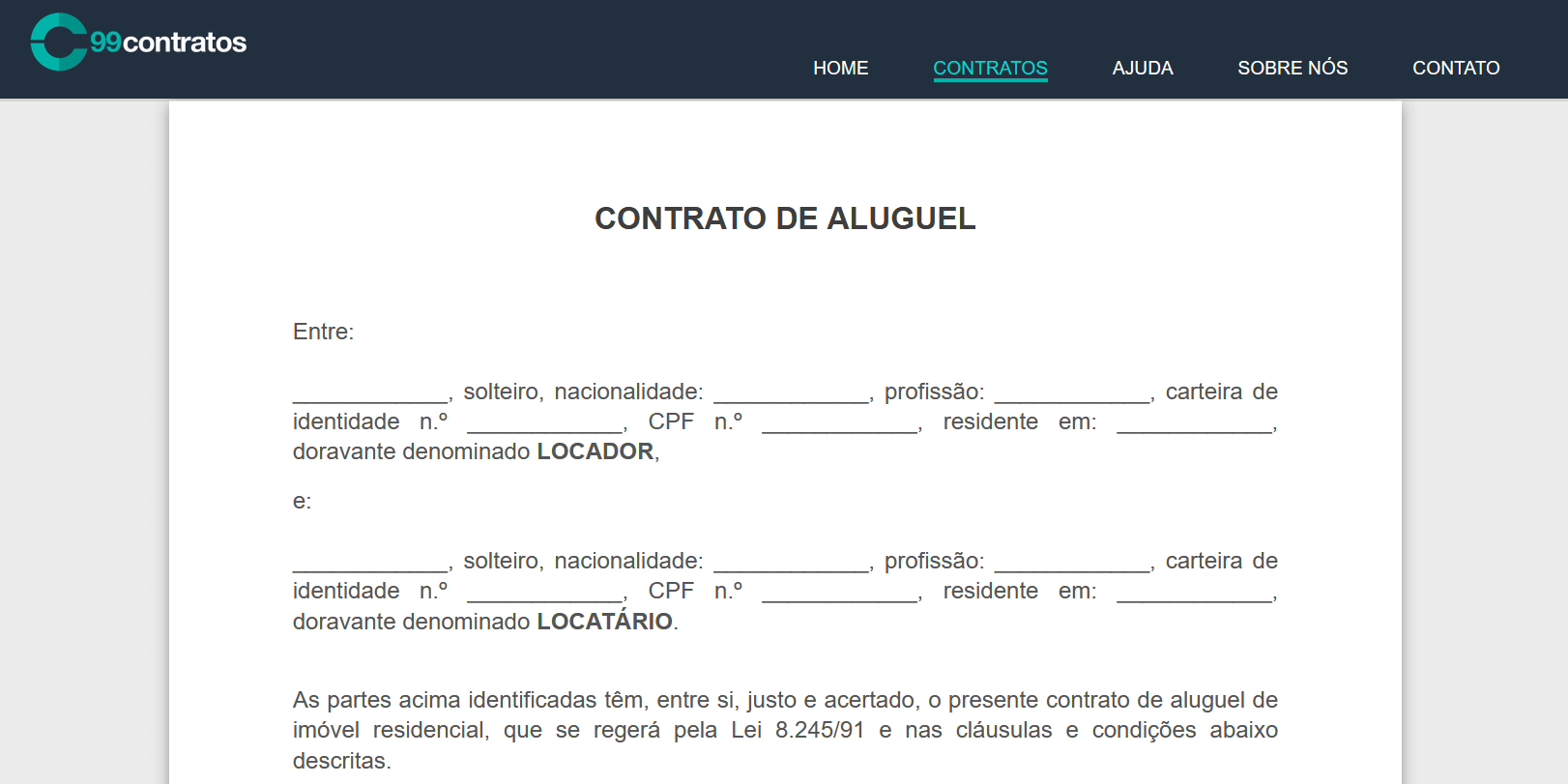 contrato de aluguel da 99 contratos