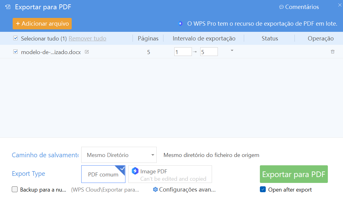 configurações da exportação para PDF no WPS Office