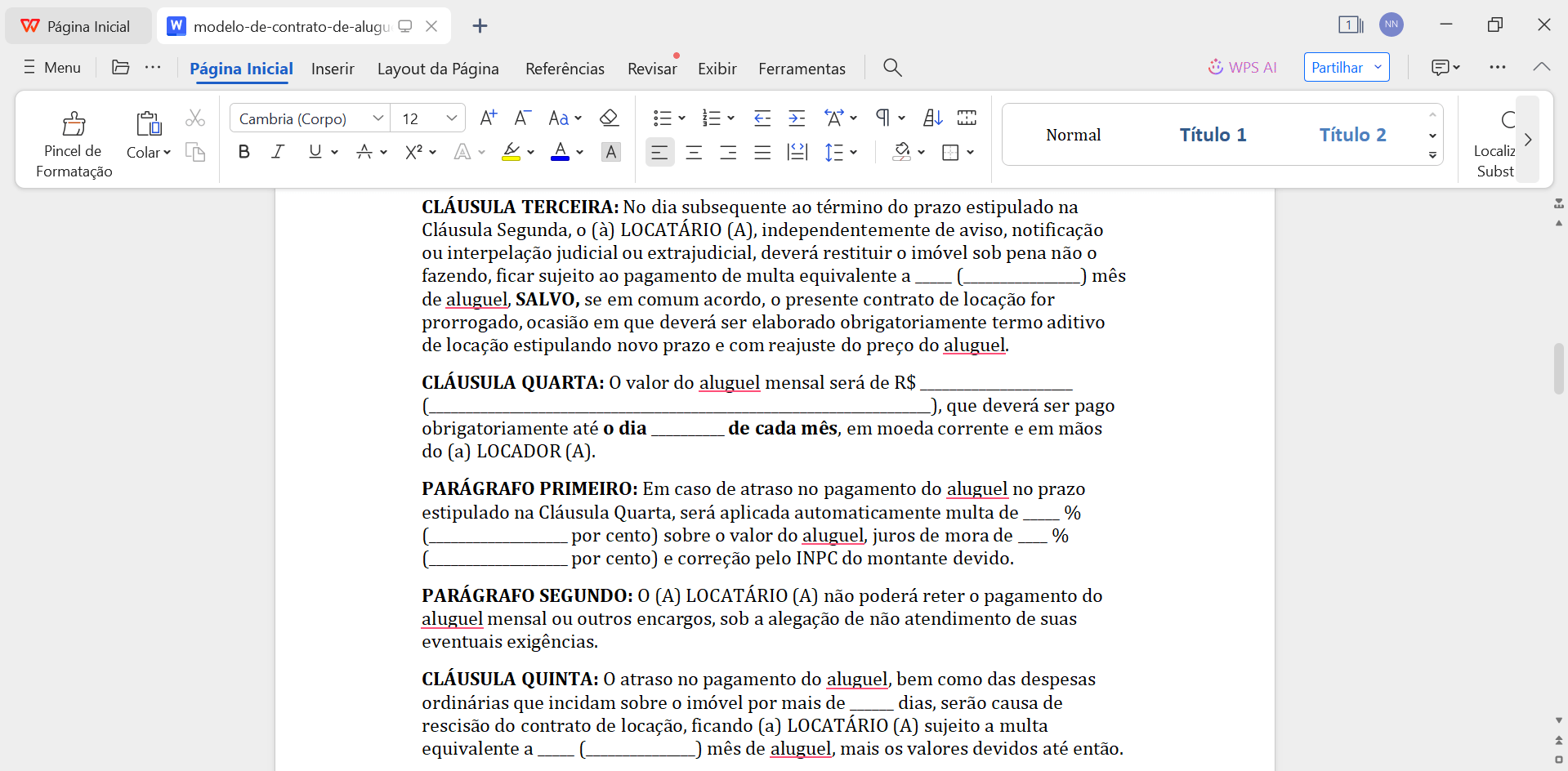 editando modelo de contrato no WPS Office