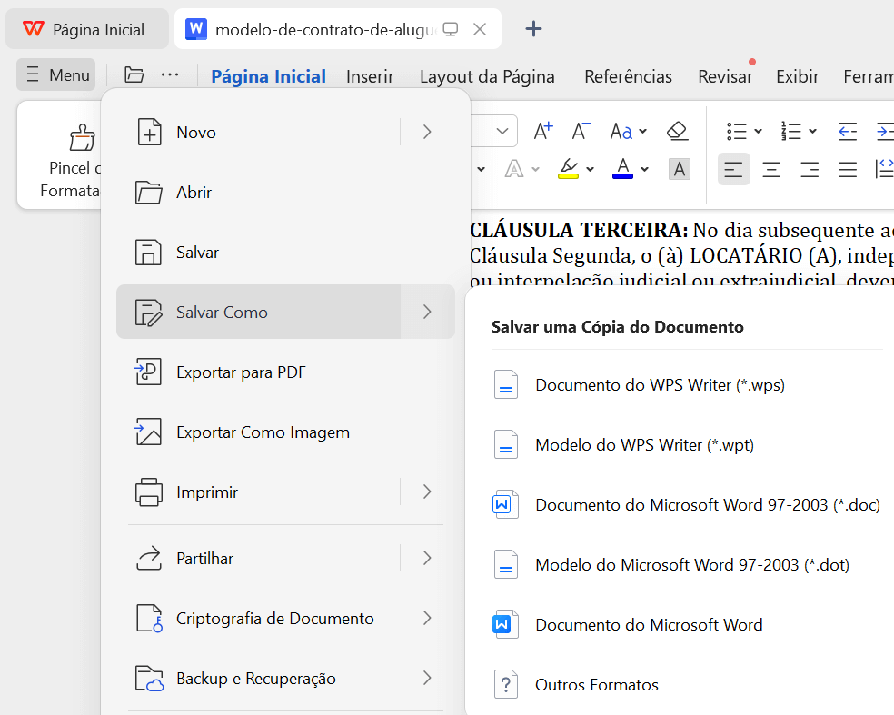 salvando contrato de aluguel no WPS Office