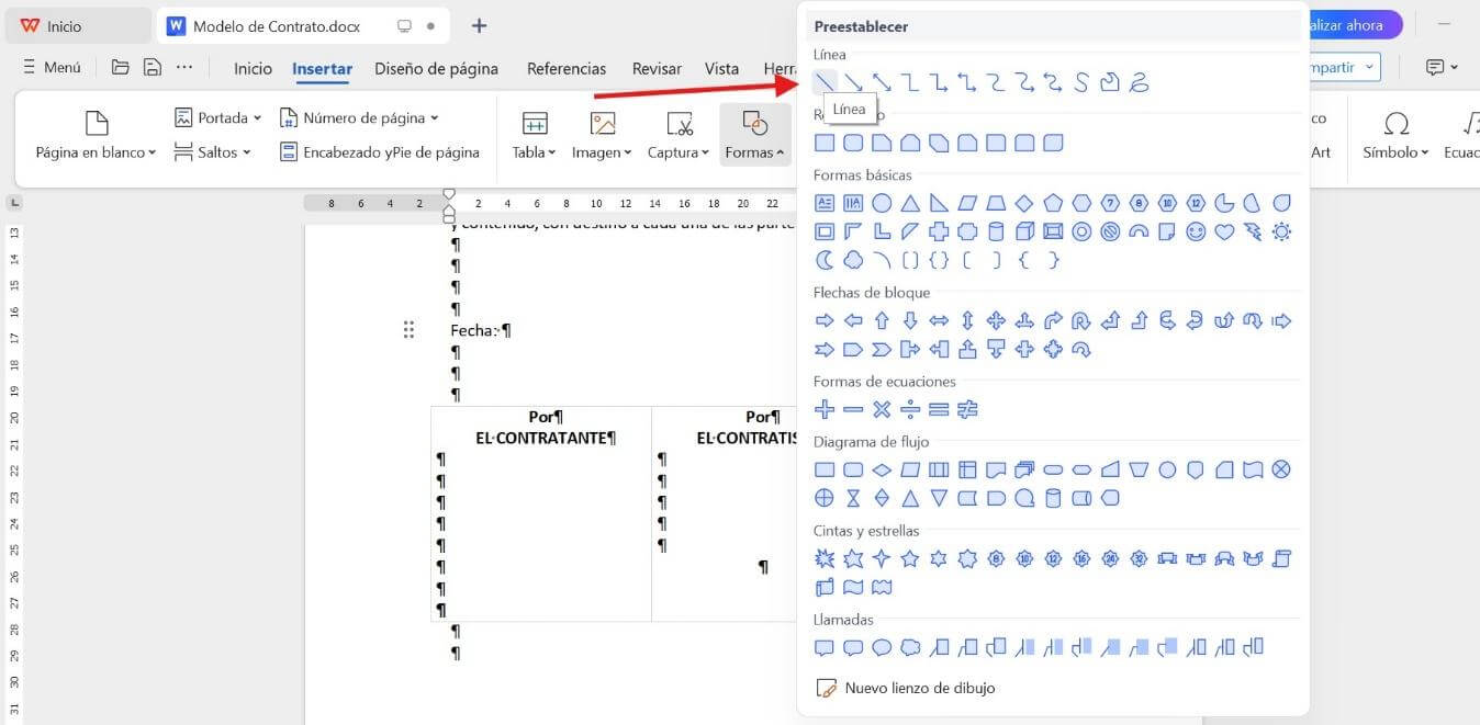 Forma de línea en WPS Writer