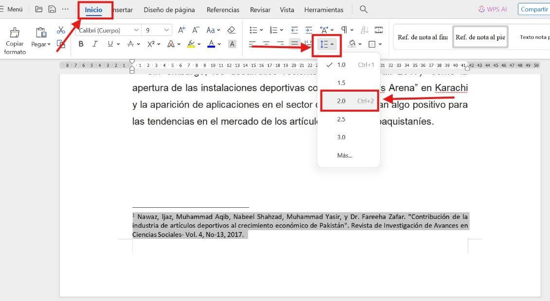Espacio entre notas al pie en WPS Writer