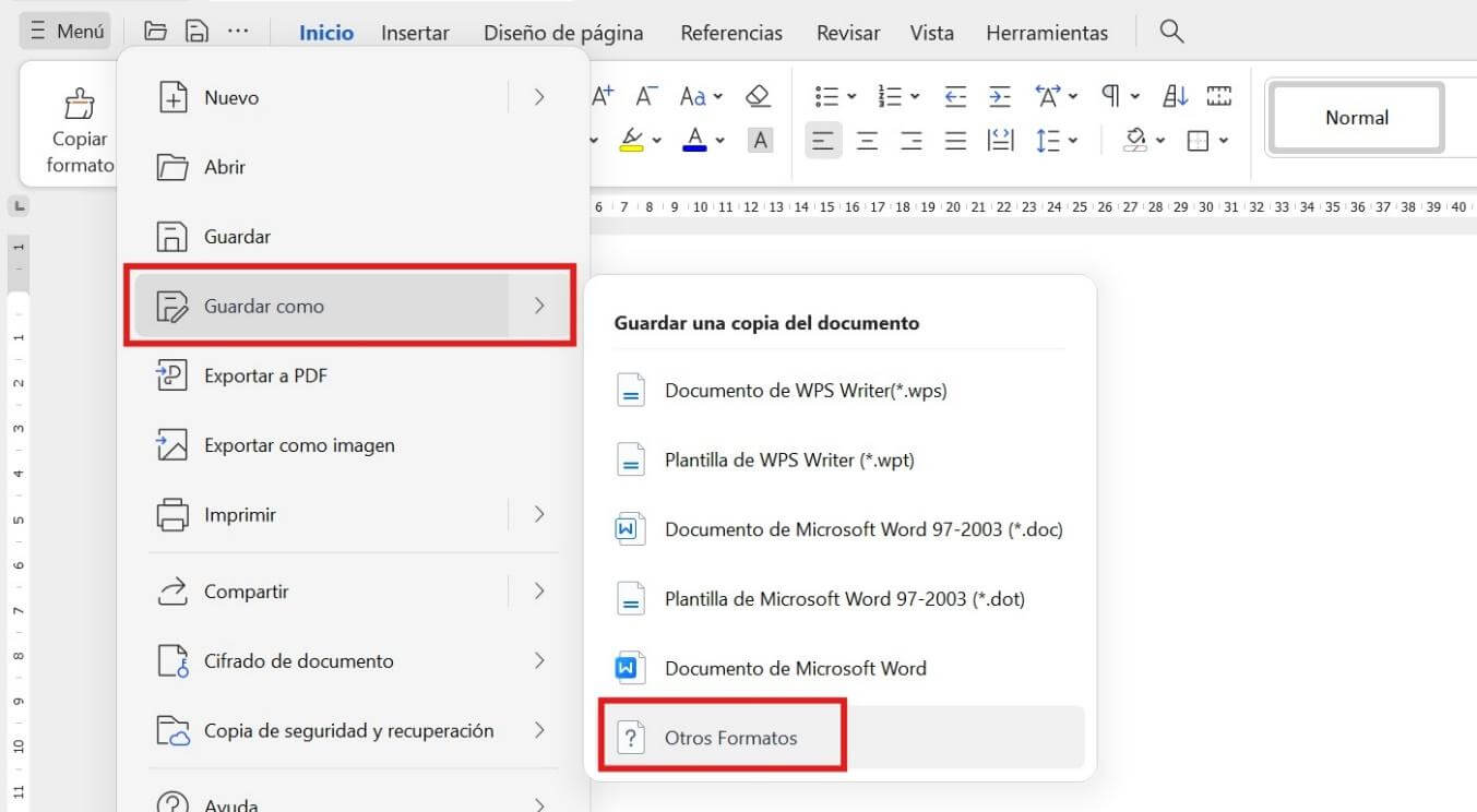 Opciones de guardado en WPS Office