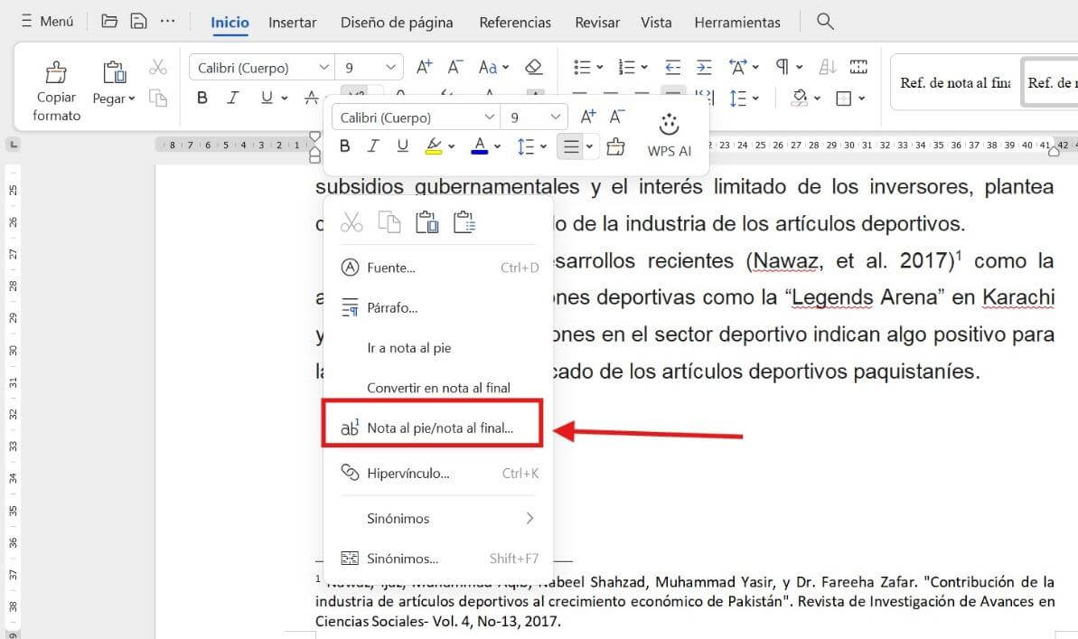 Opción de Nota al pie/nota al final en el menú contextual de WPS Writer