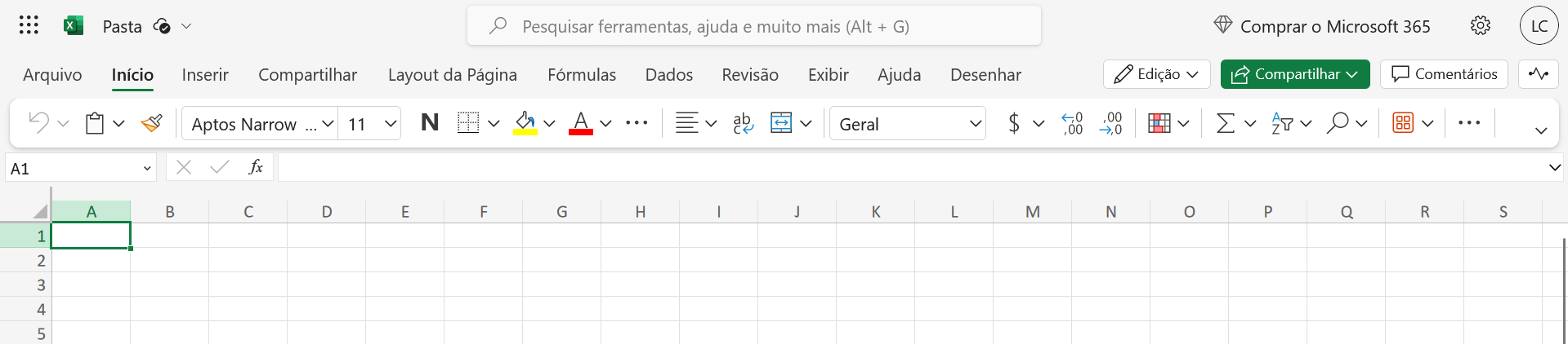interface do Excel online no Office 365