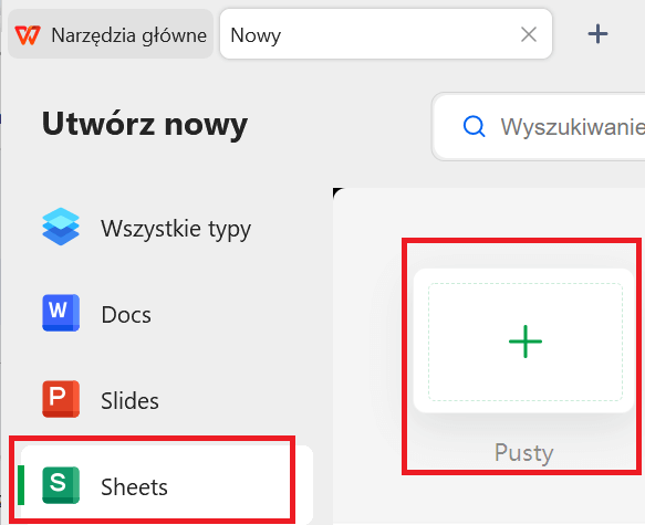 Nowy arkusz kalkulacyjny WPS