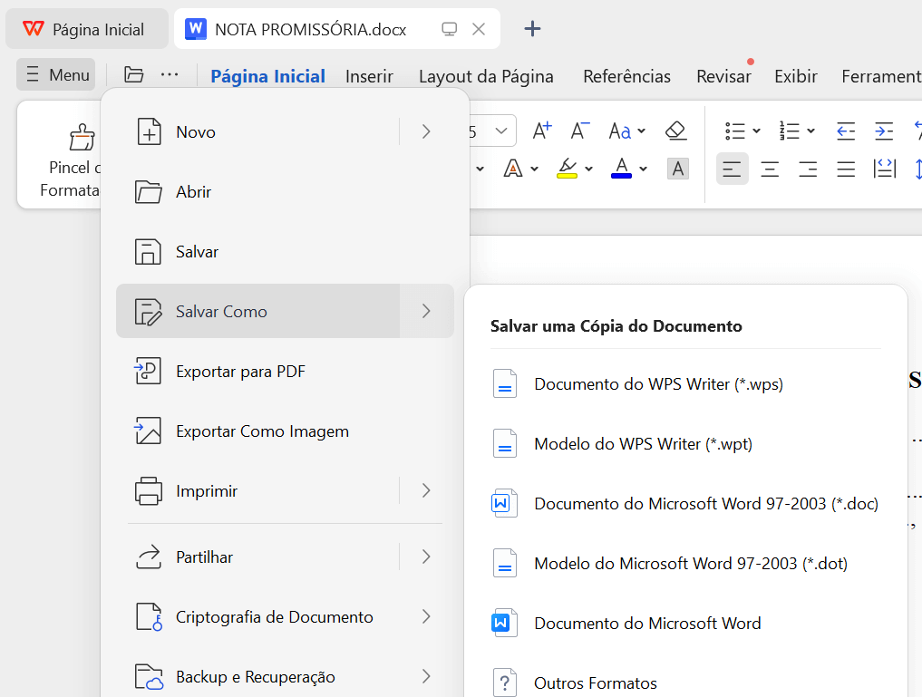 escolha do formato do salvamento no WPS Office