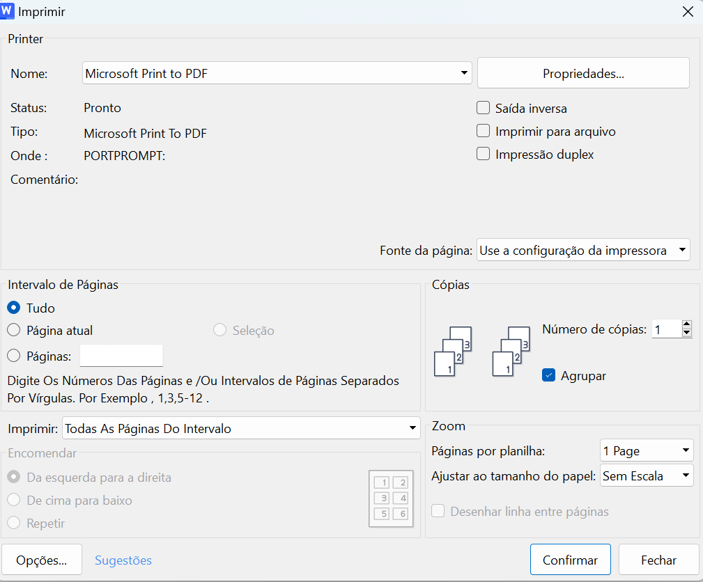configurações de impressão de documento