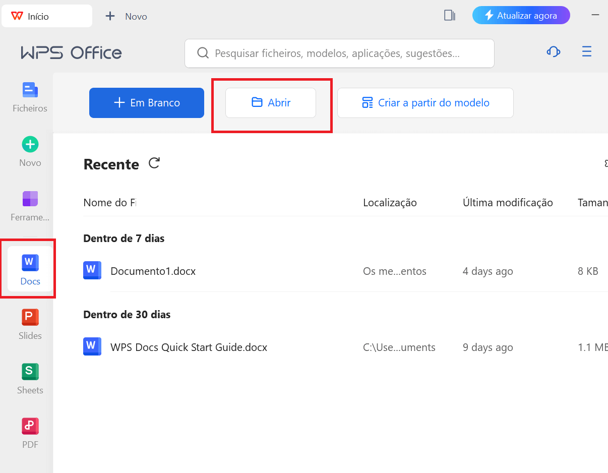 Opções de arquivos no WPS Office