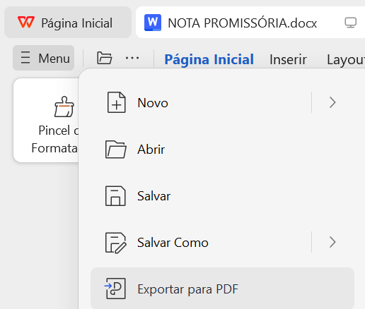 botão de exportar para PDF no WPS Office