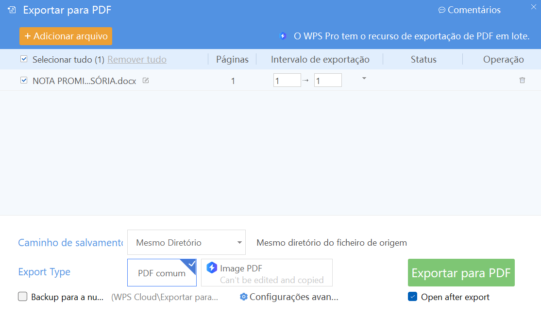 configurações de exportação em PDF do WPS Office