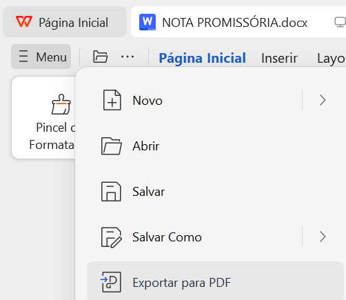 botão de exportar para PDF no WPS Office