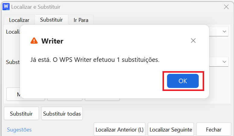 Substituições feitas no WPS Writer