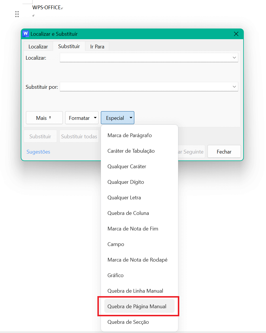 Quebra de página manual substituída no WPS Writer