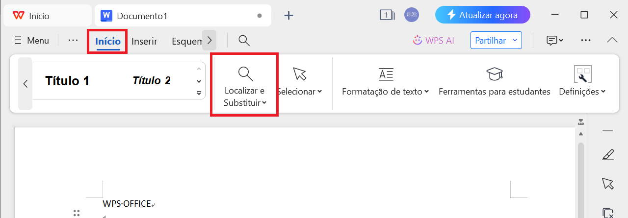 Opção Localizar e Substituir no WPS Writer