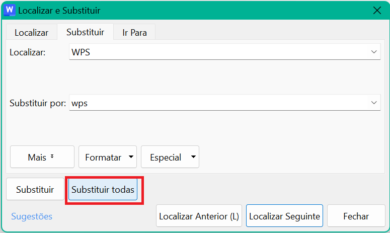 Substituir tudo no WPS Writer