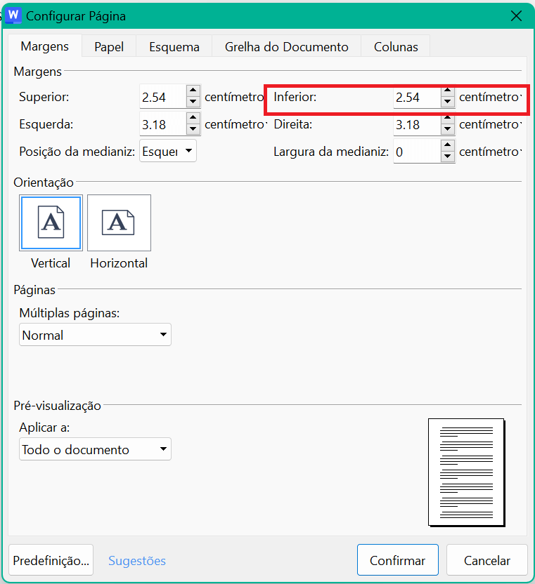 Reduzir a margem inferior para remover página em branco no WPS Writer