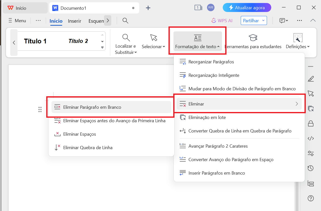 Excluir parágrafos em branco no WPS Writer
