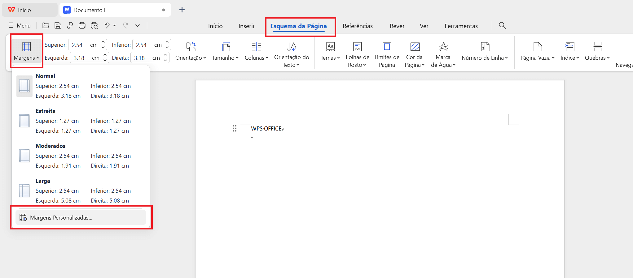 Margens personalizadas no WPS Writer