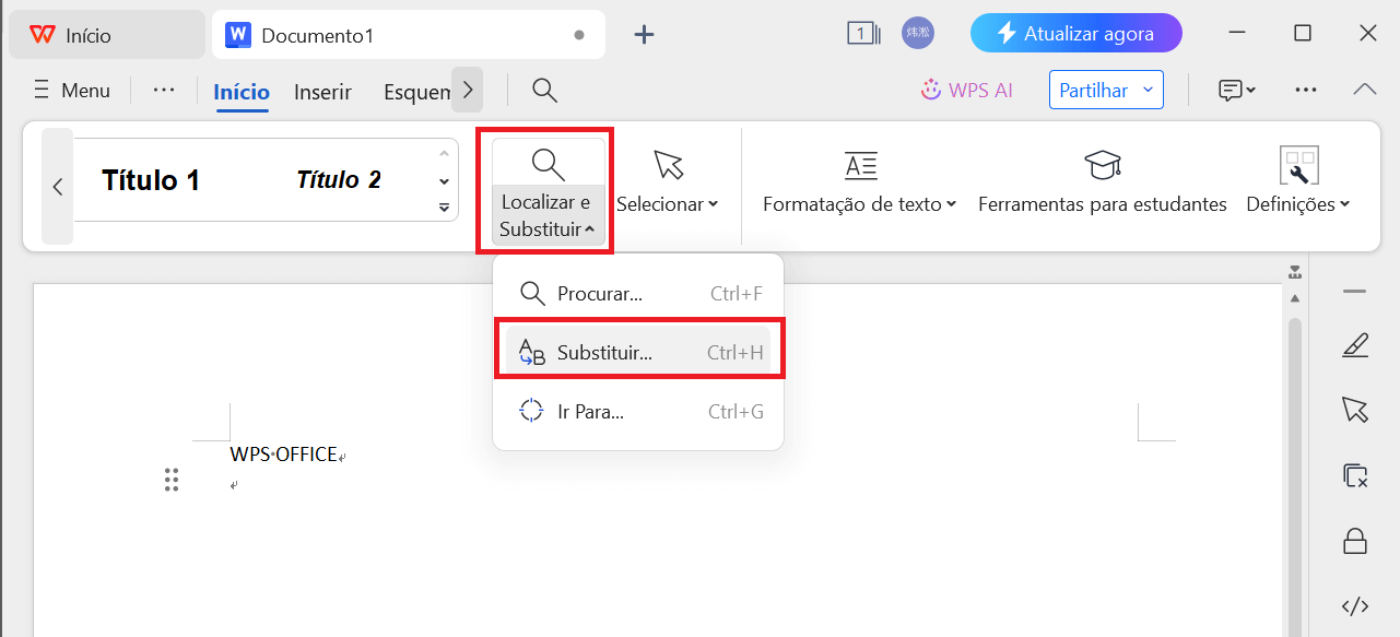Opção Substituir no WPS Writer