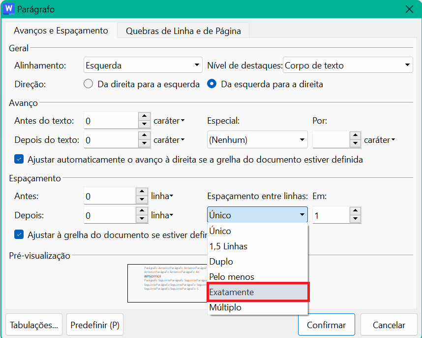 Opção Exatamente no espaçamento entre linhas no WPS Writer
