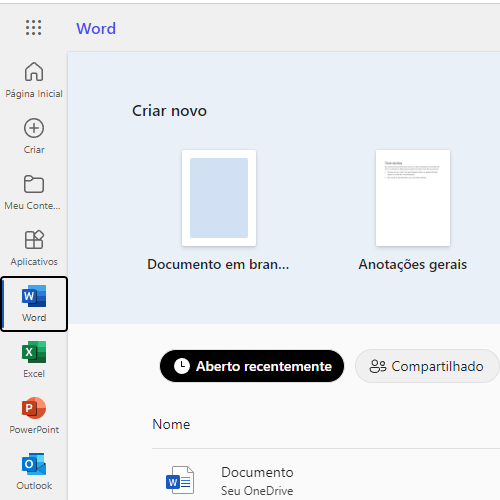 criando ou editando um documento no Word online