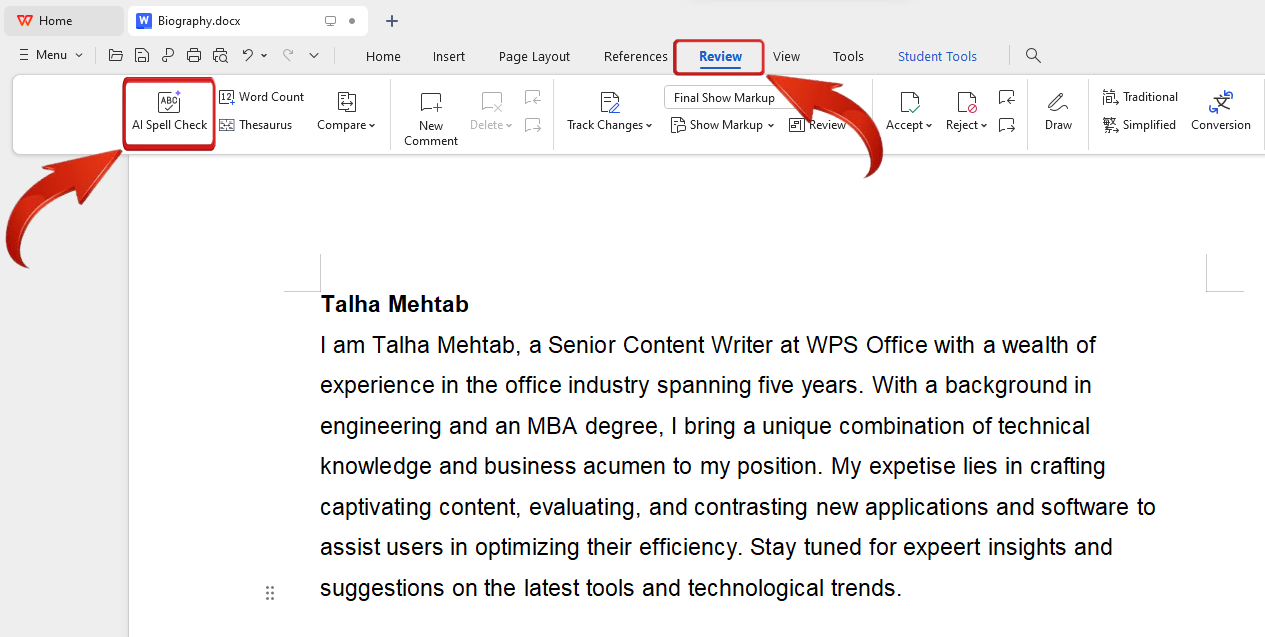Verificação Ortográfica AI do WPS