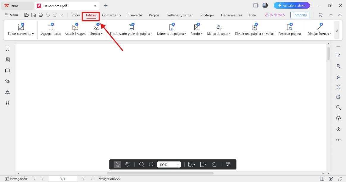 Pestaña Editar PDF de WPS