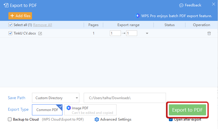Export Resume to PDF format