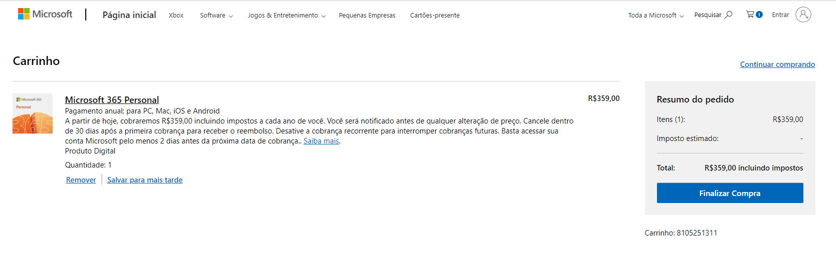 finalizando sua compra do Office 365 Personal