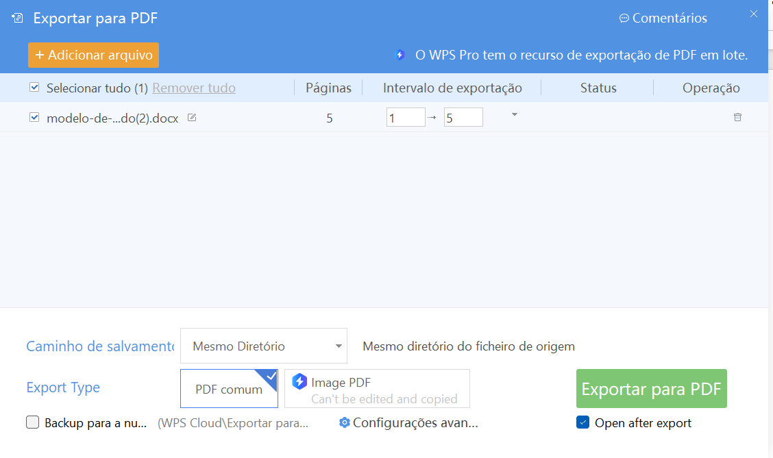 configurações da exportação em PDF do WPS Office