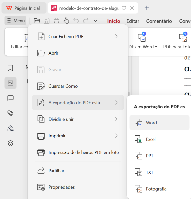 caminho para converter PDF em Word no WPS