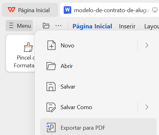 caminho do botão de Exportar para PDF no WPS
