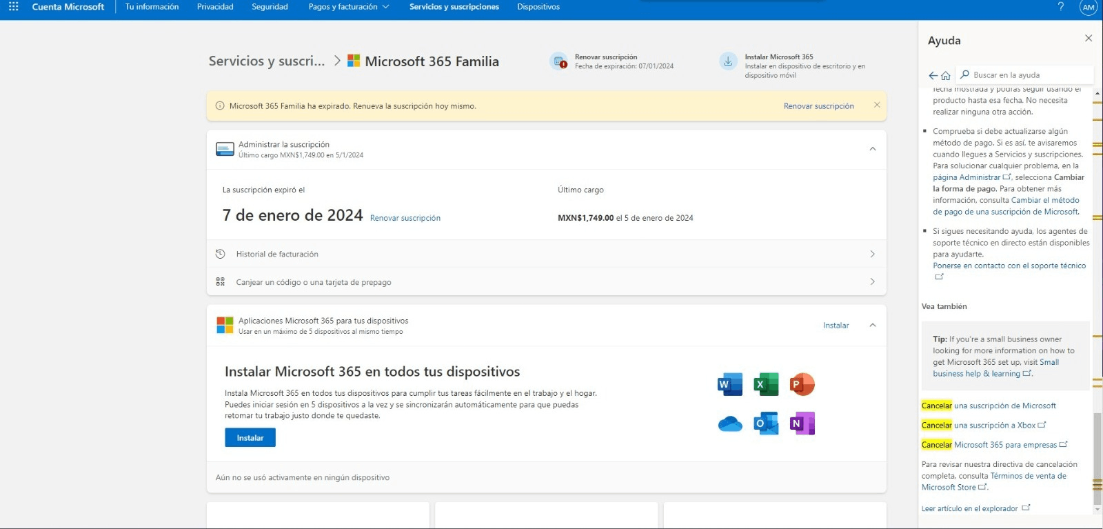 Problemas para cancelar Microsoft 365