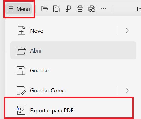 Opção Exportar para PDF no Menu
