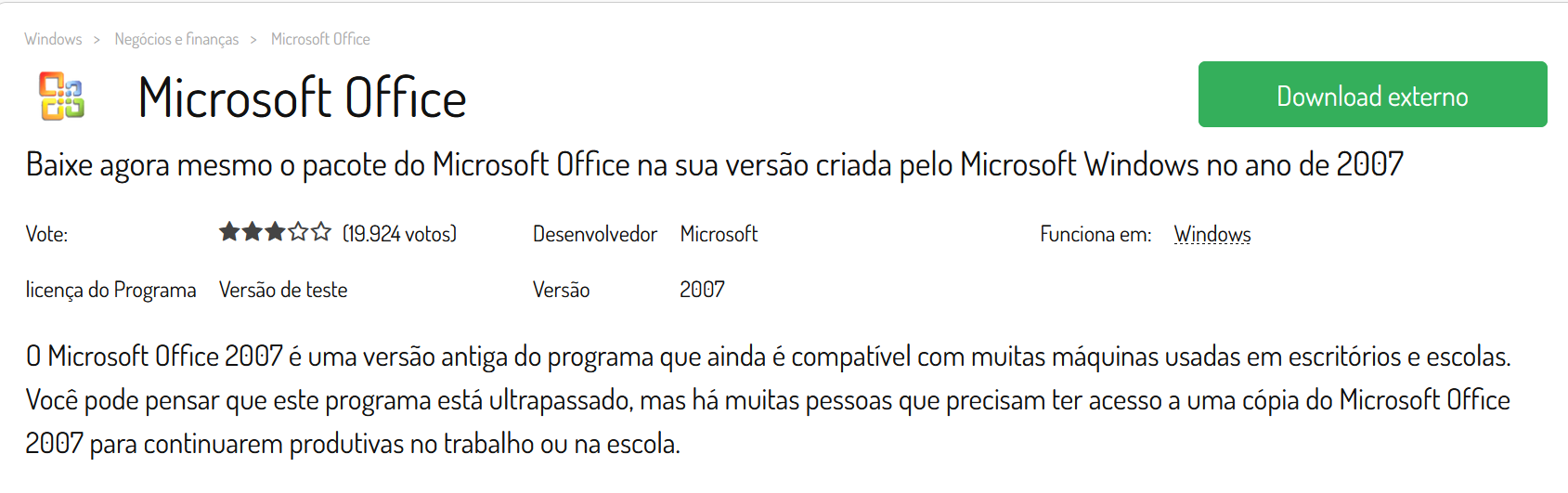exemplo de site que oferece o download do Word 2007