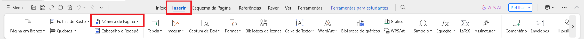 Opção Número da Página na guia Inserir
