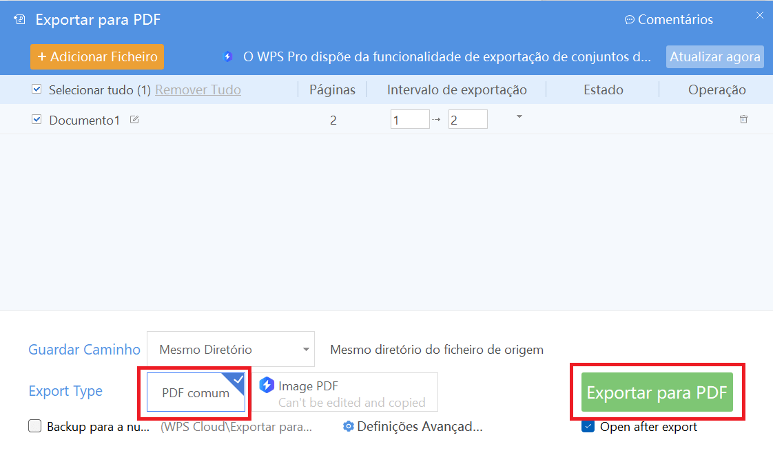 Pop-up Exportar para PDF
