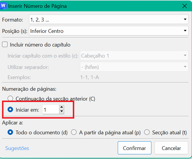 Iniciar Numeração de Páginas na Opção no Pop-up de Inserir Número da Página